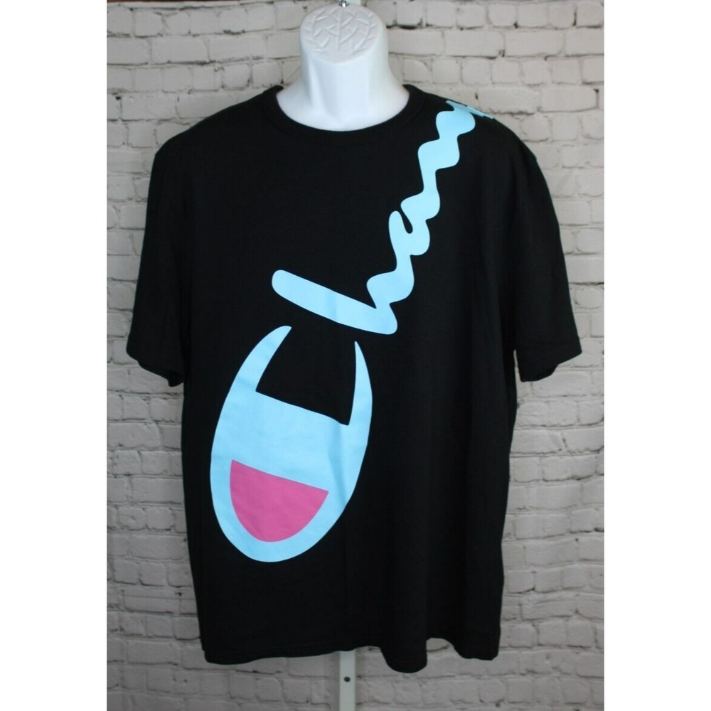 Vintage Champion Spellout Black T-Shirt Top UNISEX Size XL Cotton Large Logo EUC